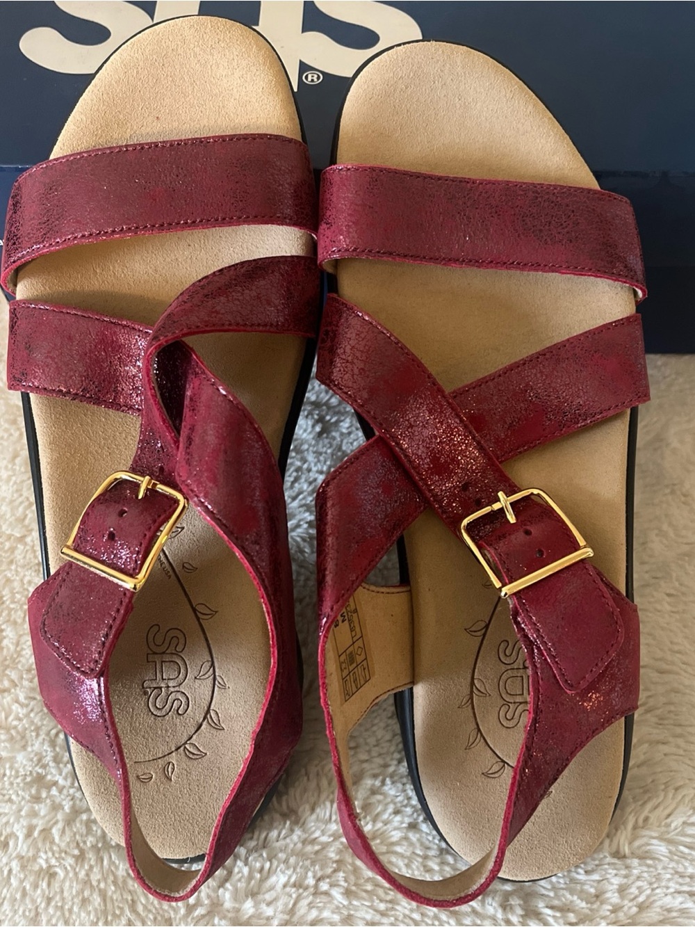 SAS Women’s Laguna Shimmery Cabernet Wine Leather Comfort Sandals size 8 M NEW